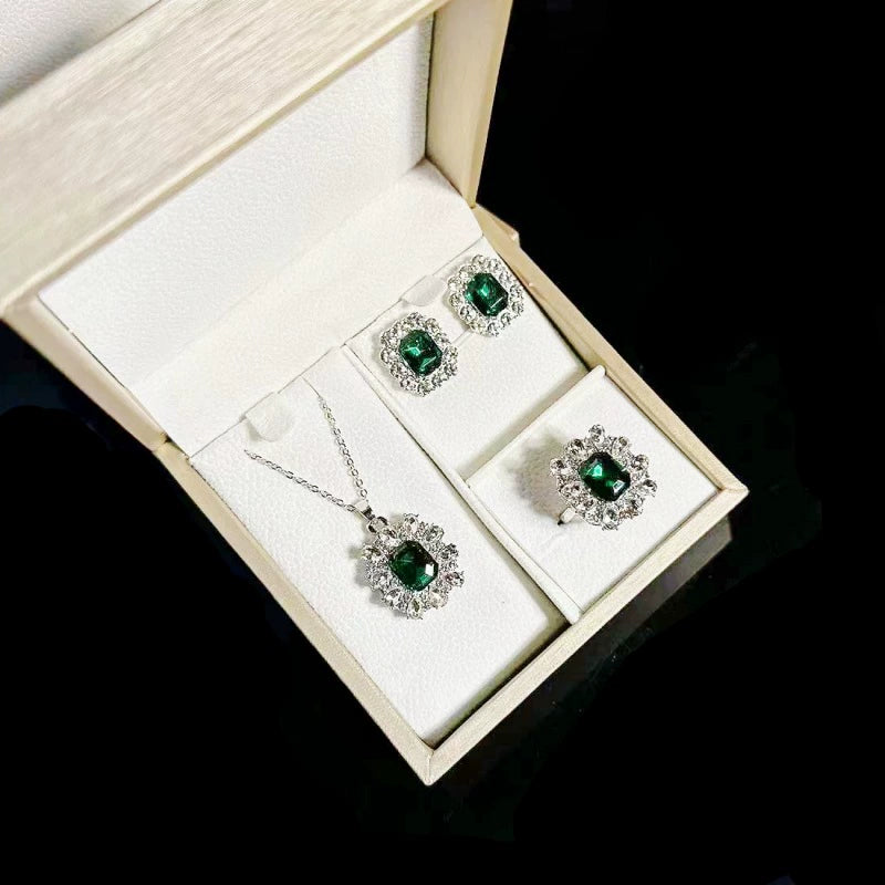 Elegant Emerald & Silver Tone Jewelry Set - 3 Pcs