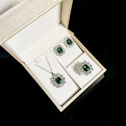 Elegant Emerald & Silver Tone Jewelry Set - 3 Pcs