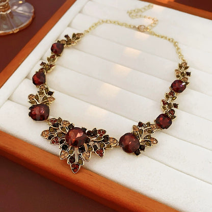 Vintage Bohemian Red Crystal Leaf Necklace & Earring Set