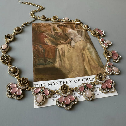 Vintage Rose Quartz & Malachite Statement Jewelry Set