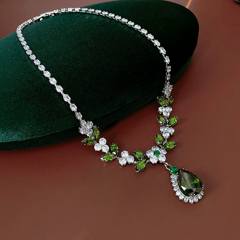 Luxury Emerald Green & White Crystal Floral Jewelry Set