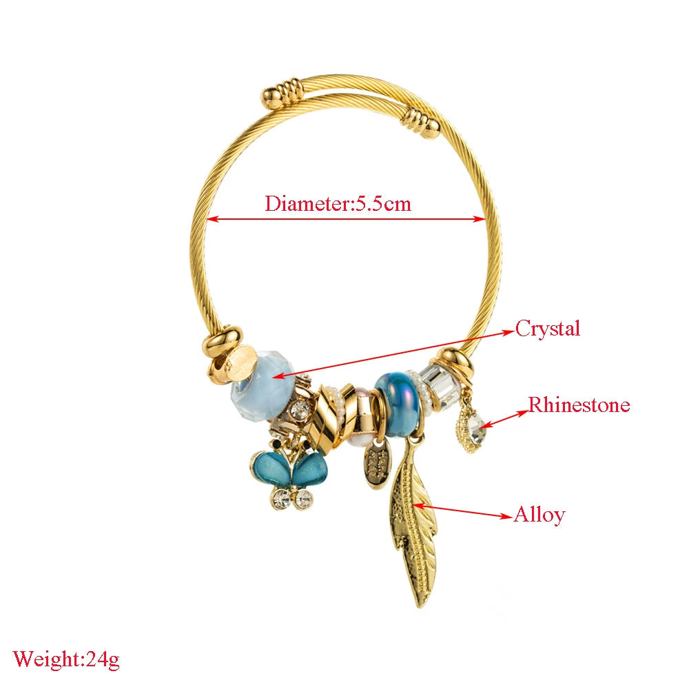 Whimsical Gold & Blue Charm Bracelet Butterfly Feather