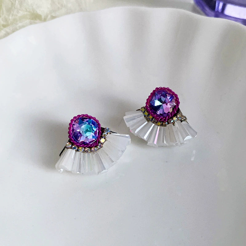 Vibrant Crystal Pleated Fan Earrings - Iridescent Sparkle