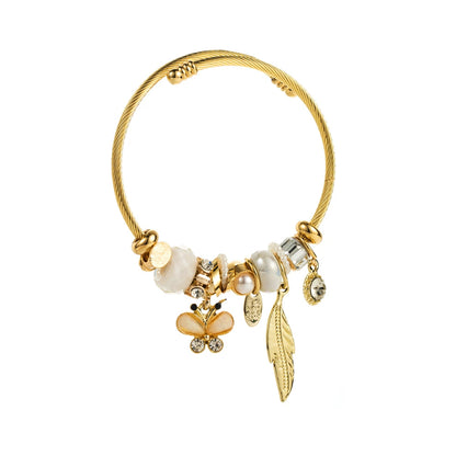 Whimsical Gold & Blue Charm Bracelet Butterfly Feather