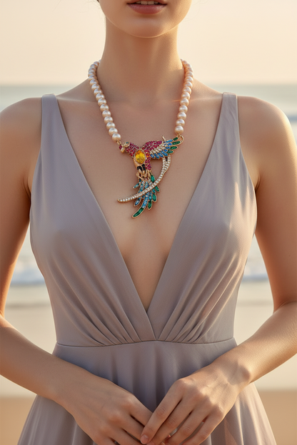 Vibrant Parrot Crystal & Pearl Statement Necklace with Earrings