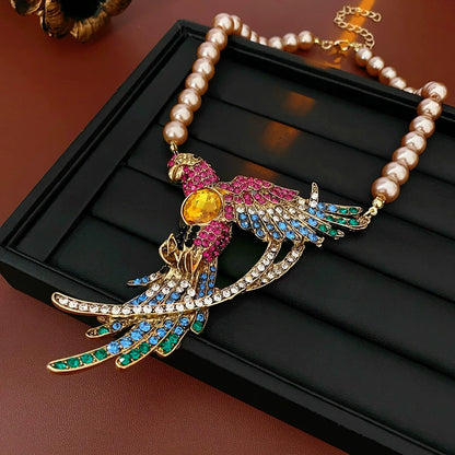 Vibrant Parrot Crystal & Pearl Statement Necklace with Earrings