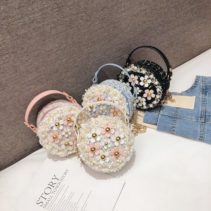 Luxury girl flower pearl round cross body mini shoulder bag