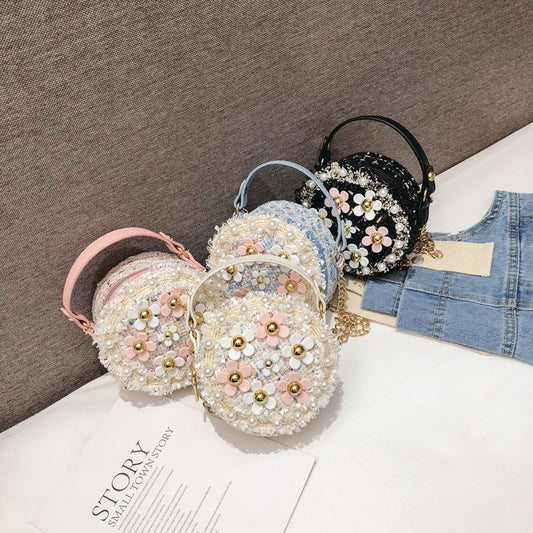 Luxury girl flower pearl round cross body mini shoulder bag