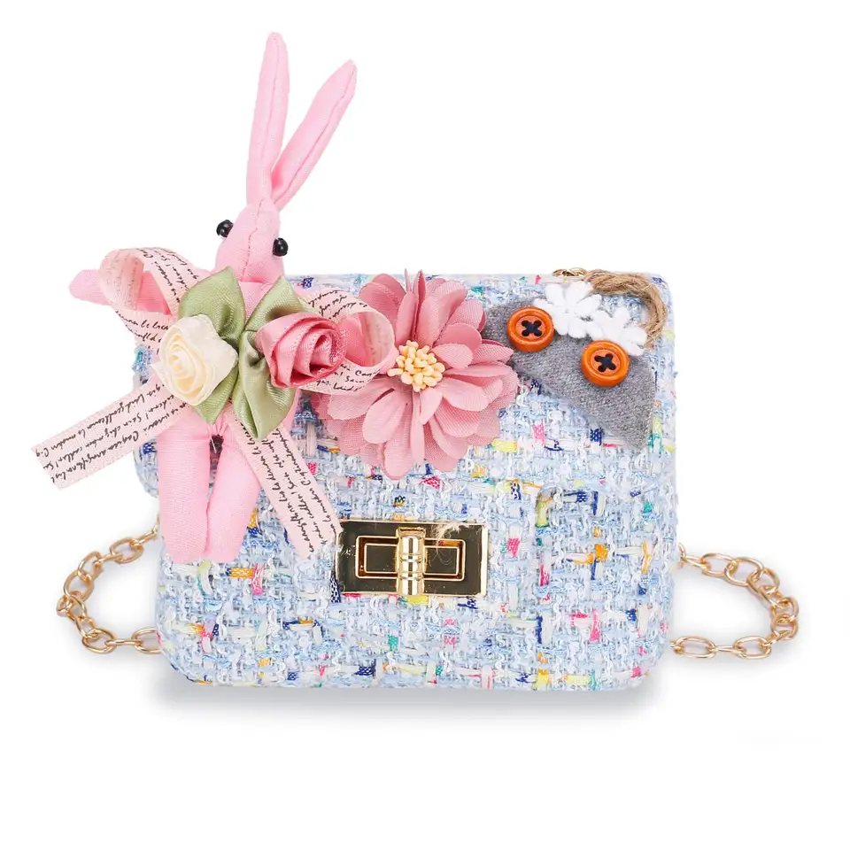New design cute teddy flower girls baby small handbag twid kids shoulder bag