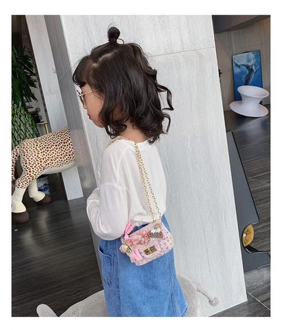 New design cute teddy flower girls baby small handbag twid kids shoulder bag