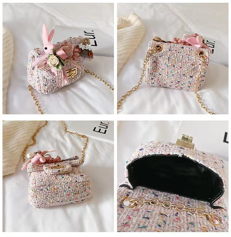 New design cute teddy flower girls baby small handbag twid kids shoulder bag