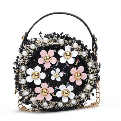 Luxury girl flower pearl round cross body mini shoulder bag