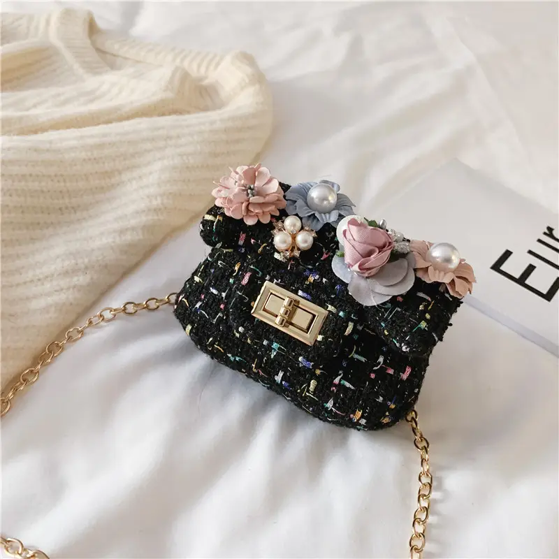 New design cute teddy flower girls baby small handbag twid kids shoulder bag