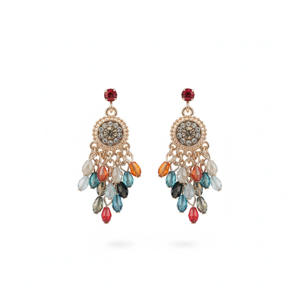 Vibrant Bohemian Multi-Color Bead Tassel Drop Earrings | Antique Gold-Tone Medallion Dangles | Festival & Casual Chic