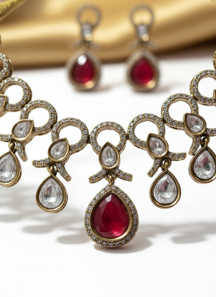 Ruby Red Kundan Style Necklace and Earring Set.
