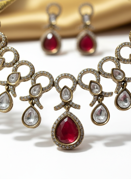 Ruby Red Kundan Style Necklace and Earring Set.