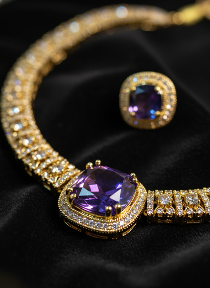 Traditional Ruby & Emerald CZ Link Necklace Set | Gold-Tone Festive Statement Jewelry with Matching Stud Earrings