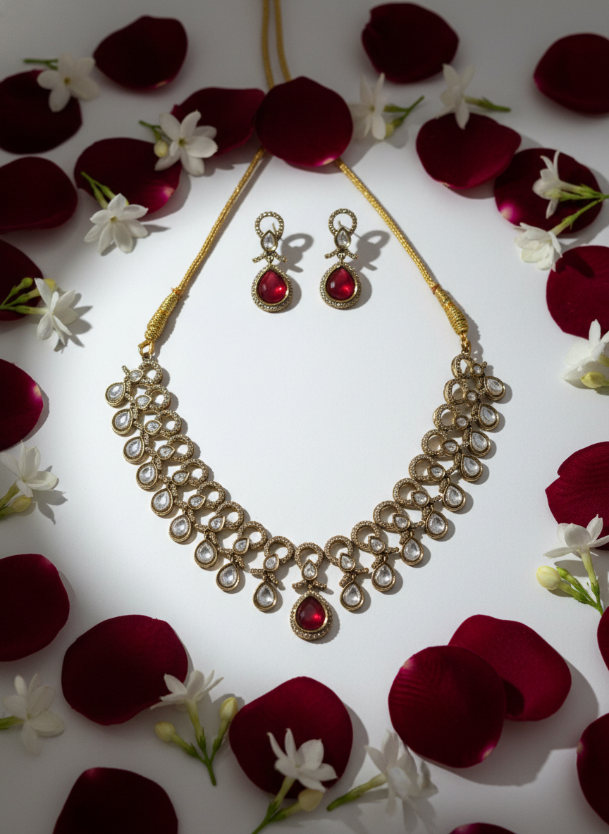 Ruby Red Kundan Style Necklace and Earring Set.