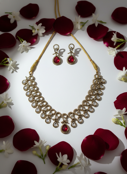 Ruby Red Kundan Style Necklace and Earring Set.