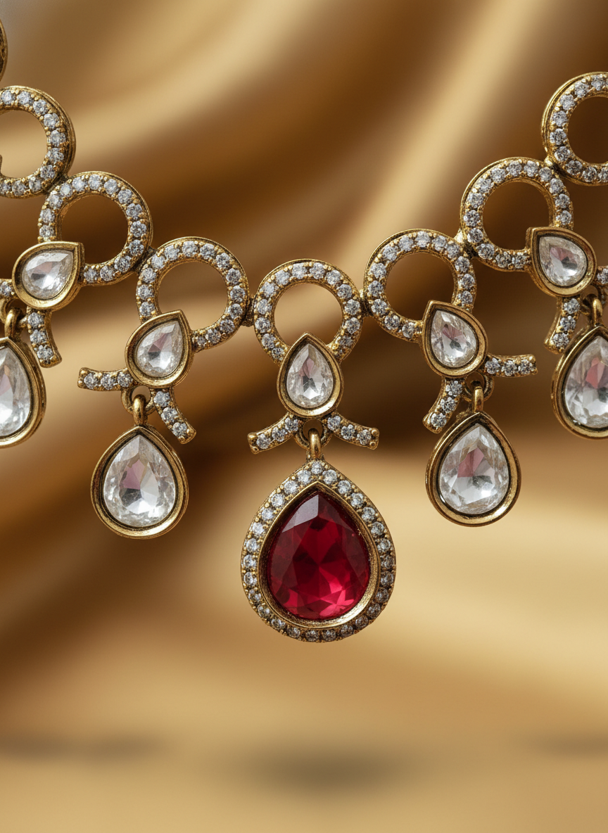 Ruby Red Kundan Style Necklace and Earring Set.