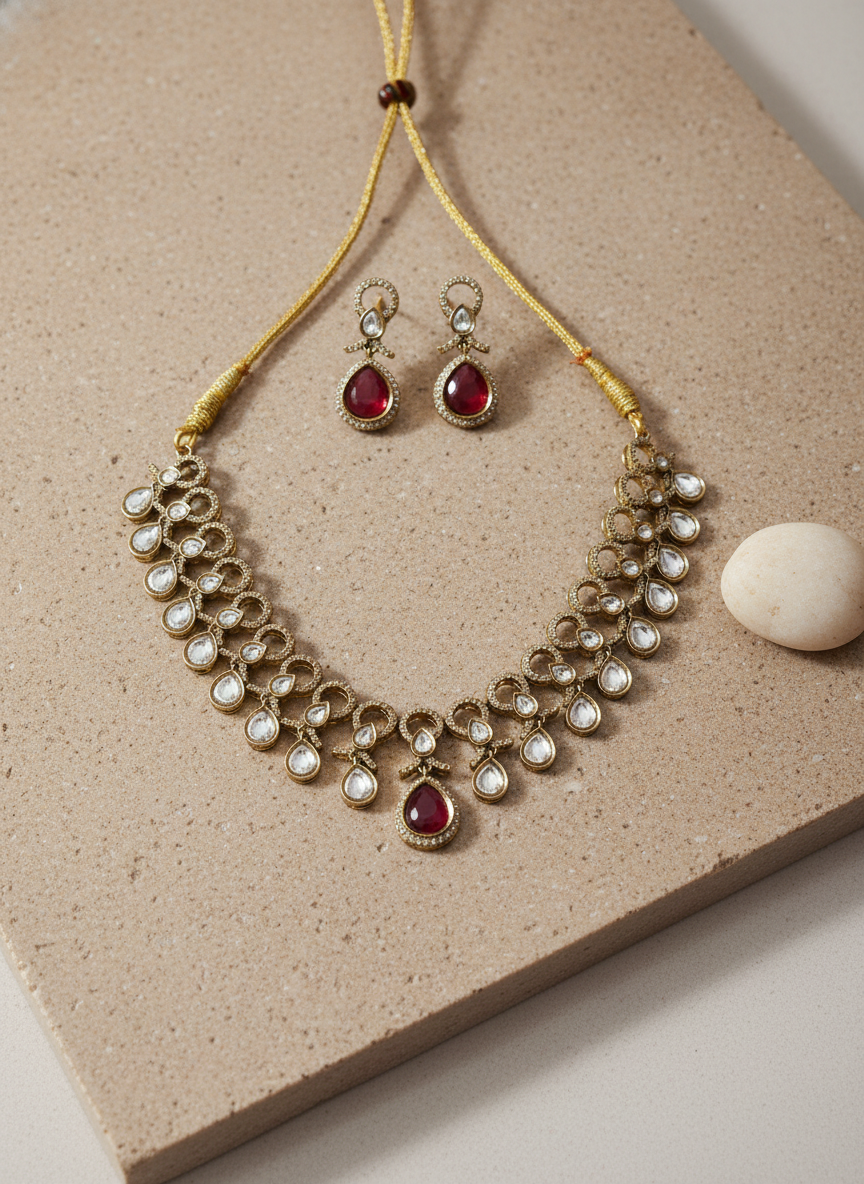 Ruby Red Kundan Style Necklace and Earring Set.