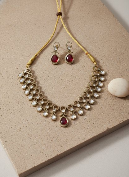 Ruby Red Kundan Style Necklace and Earring Set.