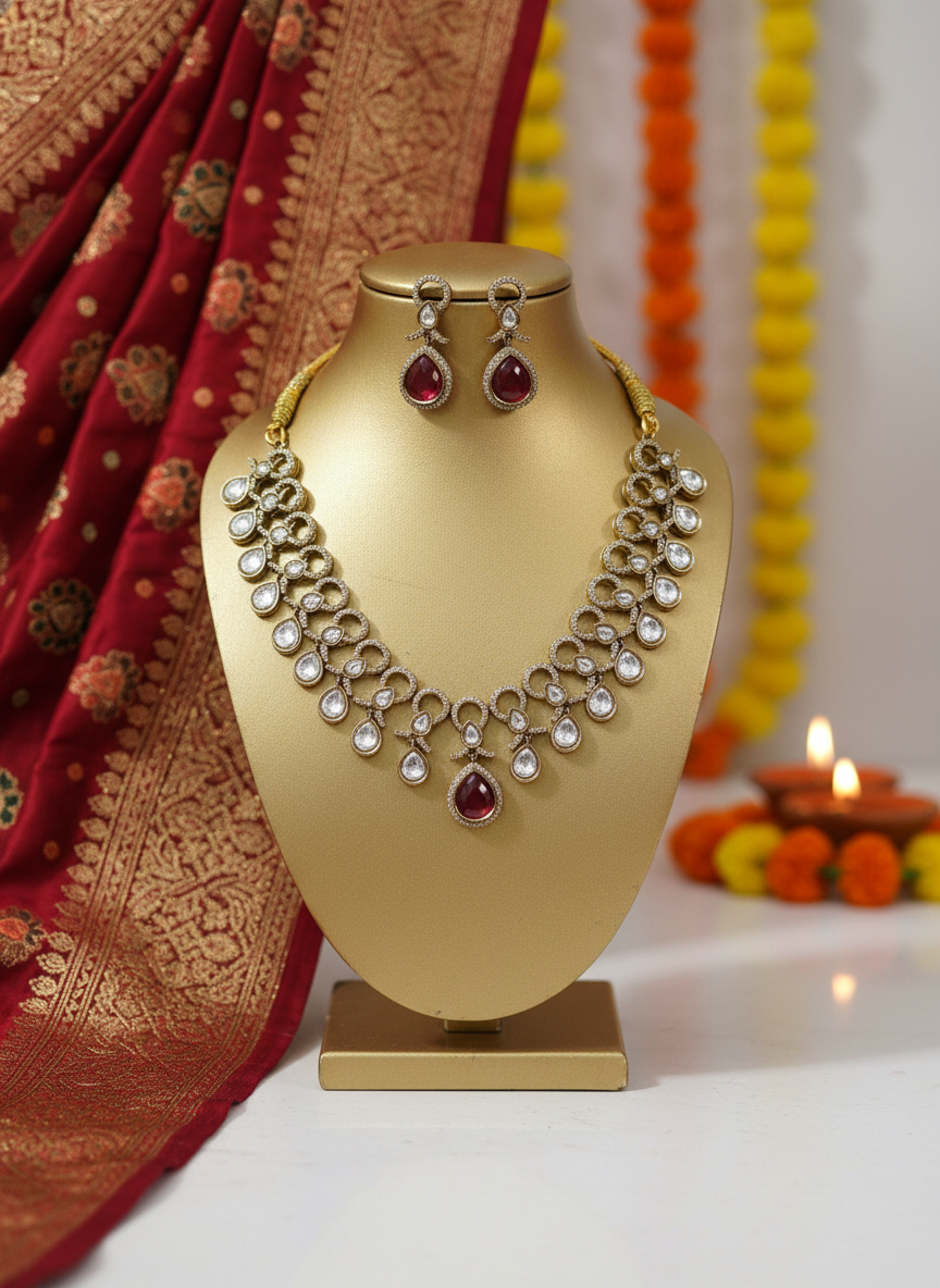 Ruby Red Kundan Style Necklace and Earring Set.
